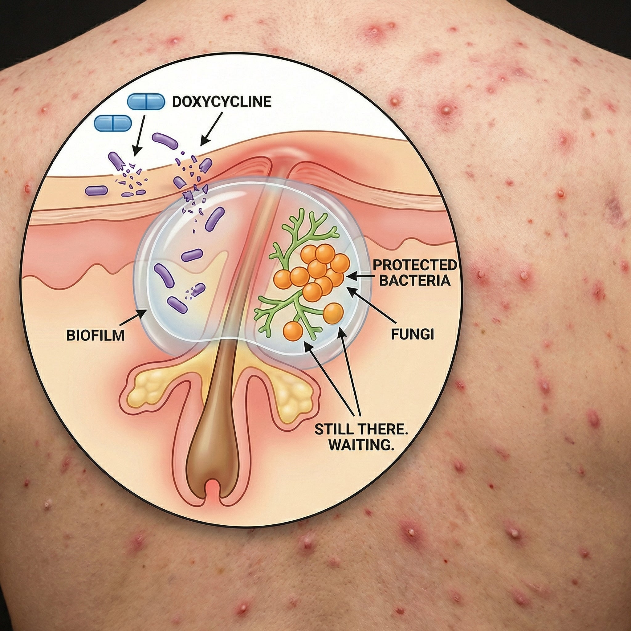 Doxycycline acne relapse cycle showing why acne comes back after antibiotics